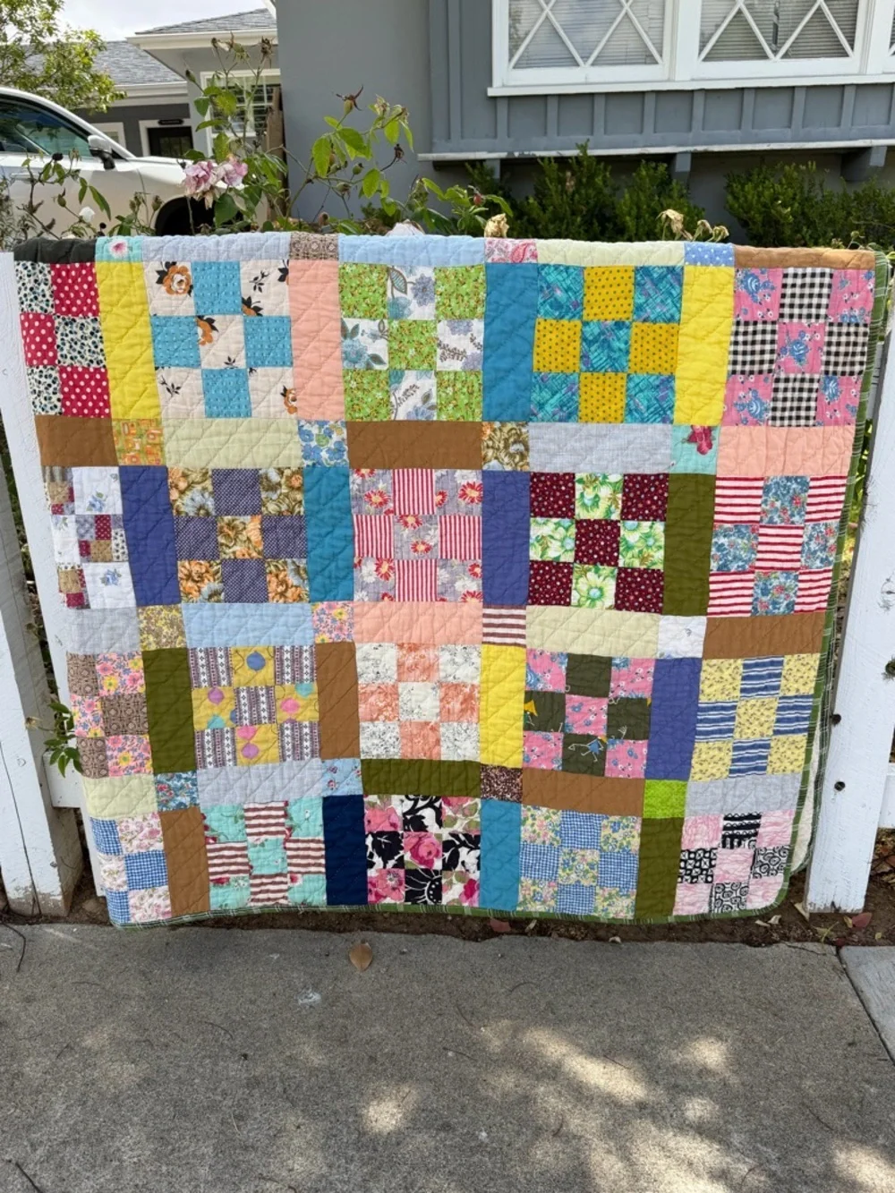 Vintage 9 Patch Scrappy Block Quilt Colorful Whimsical Hand Quilted 79x88 GUC
